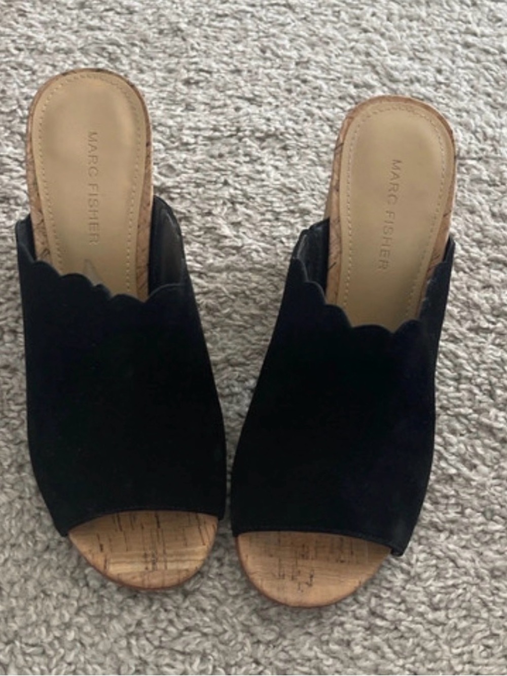 Marc Fisher Black Scalloped Suede Open-Toe Mules